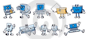 Computer code mascots. Programming characters, code file and terminal, binary keyboard, bug error, laptop and pc vector