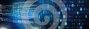 Computer code processing over blue background, technology, programming, and computer coding concept