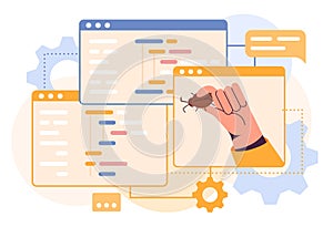 Computer code. Programmers hand holding bug. Malware problem. Digital debug coding. Antivirus system of program security photo