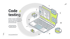 Computer code testing software programming isometric web banner design template vector