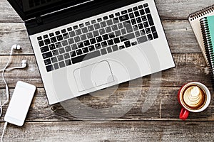 Computer with coffee on wooden table