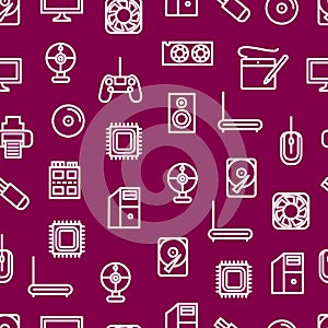 Computer Components Concept Thin Line Seamless Pattern Background. Vector