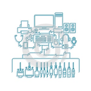 computer components with peripheral devices. Vector illustration decorative design