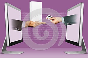 Computer concept, two hands from computers. hand with white small cell phone box and hand with credit card. 3d illustration