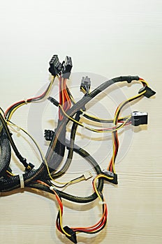 Computer connection wires on white background