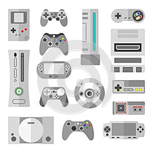 Computer console with game controllers for video games. Vector illustrations in cartoon style