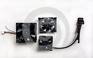 Computer cooler fan set isolated on white background. Repair of computer equipment