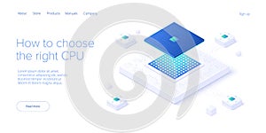 Computer CPU chip illustration in isometric vector design. Semiconductor microchip or processor. Abstract data component or gpu photo