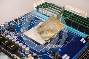 computer CPU close-up on the motherboard background, socket of central process unit, connection of cpu