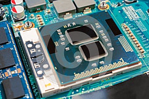 computer CPU close-up on the motherboard background, socket of central process unit, connection of cpu with motherboard, the str