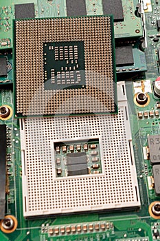 computer CPU close-up on the motherboard background, socket of central process unit, connection of cpu with motherboard, the str