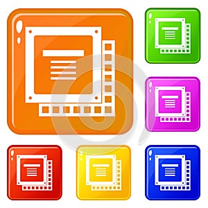 Computer CPU processor chip icons set vector color