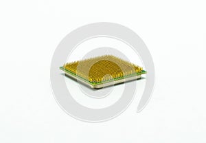 Computer CPU processor closeup, visible gold pins, isolated on white background with clipping path.