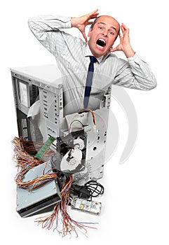 Computer crash and frustrated businessman.