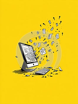Crashed Computer With Flying Files and Exclamation Marks Illustrating Data Chaos and Digital Disarray