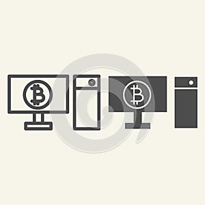 Computer and cryptocurrency line and glyph icon. Bitcoin on pc vector illustration isolated on white. Digital money on