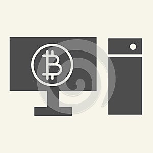 Computer and cryptocurrency solid icon. Bitcoin on pc vector illustration isolated on white. Digital money on computer