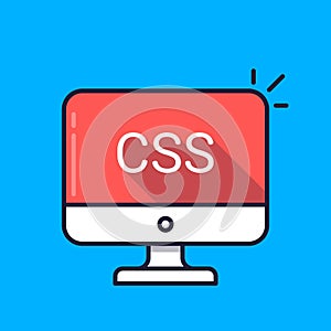 Computer with CSS word on screen. Cascading style sheets, style sheet language concept. Web development, coding