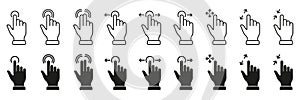 Computer Cursor, Pointer Icon Set. Hand with Finger Digital Mouse Click Line and Silhouette Sign. Website and App