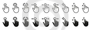 Computer Cursor, Pointer Icon Set. Hand with Finger Digital Mouse Click Line and Silhouette Sign. Website and App