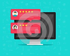 Počítač a recenze hodnocení zprávy vektor ilustrace byt osobní počítač zobrazit připojen do internetové sítě recenze nebo zákazník 
