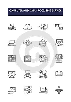 Computer and data processing service line vector icons and signs. internet, technology, data, service, digital, system
