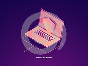 Computer data protection, laptop with shield, data safety isometric vector