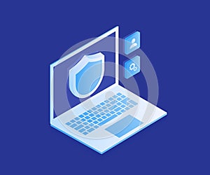 Computer data protection, laptop with shield, data safety. Modern vector illustration in isometric style