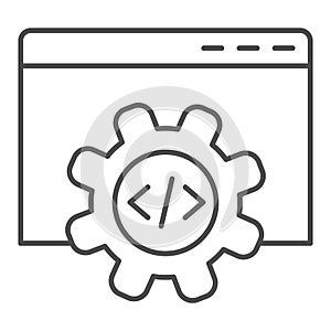 Computer data settings thin line icon. Mechanical gear inside browser window. Internet technology vector design concept