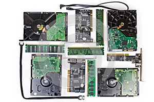 Computer data storage devices different types on a white background