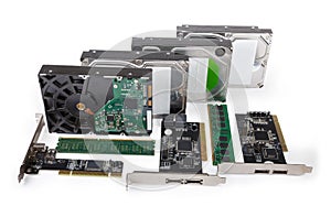 Computer data storage devices different types on a white background