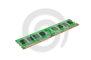 Computer DDR RAM memory module isolated on white background selective focusing.