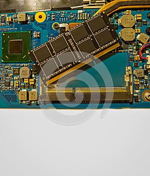 Computer DDR RAM module memory, random access memory onboard. Computer detail, close-up, DDRII module is extracted from