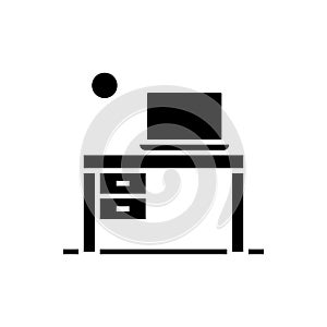 Computer desk black icon, concept illustration, vector flat symbol, glyph sign.