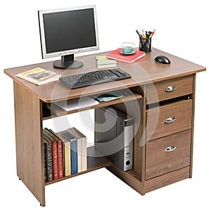 A Computer Desk Isolated on White Background