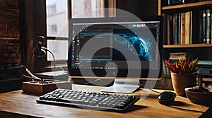 A computer desk with a keyboard, mouse, and monitor.