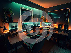 A computer desk with two monitors and a keyboard. AI generative image.