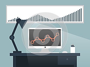 Computer desk, workplace, flat design