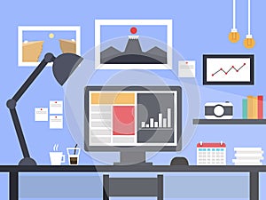 Computer desk, workplace, flat design