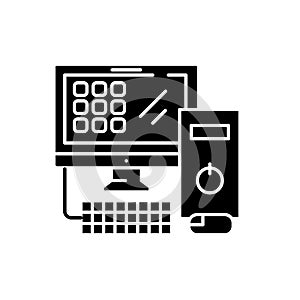 Computer desktop black icon, vector sign on isolated background. Computer desktop concept symbol, illustration