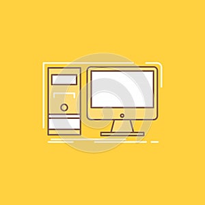 Computer, desktop, hardware, workstation, System Flat Line Filled Icon. Beautiful Logo button over yellow background for UI and UX