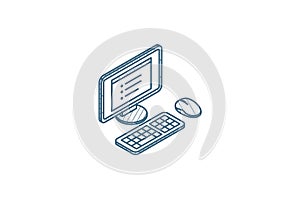 computer, desktop isometric icon. 3d line art technical drawing. Editable stroke vector