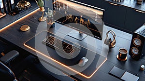 computer desktop and lamp in grey and gold workspace interior.Generative AI