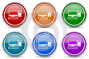 Computer, desktop silver metallic glossy icons, set of modern design buttons for web, internet and mobile applications in 6 colors