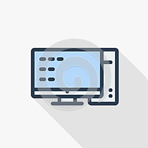 Computer, desktop thin line flat color icon. Linear vector symbol. Colorful long shadow design.