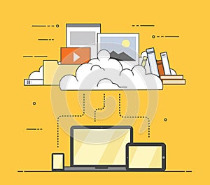 Computer device data cloud storage. Flat design vector illustration