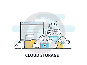 Computer device data cloud storage security flat design vector illustration.