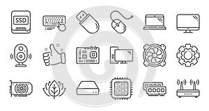 Computer device line icons. Motherboard, CPU and Laptop. Linear icon set. Vector