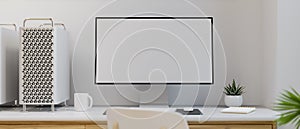 Computer device with mock-up screen in simple working space, 3D rendering