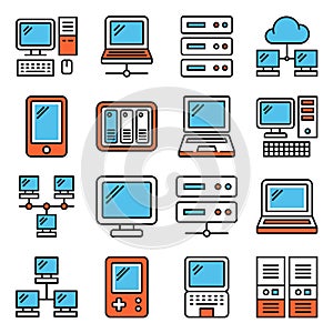 Computer Devices and Electronics Icons Set on White Background. Vector